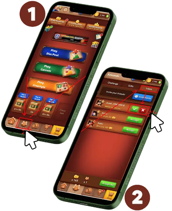 how to add friends in Carrom - Accept friend Request - www.carrompoolapps.com